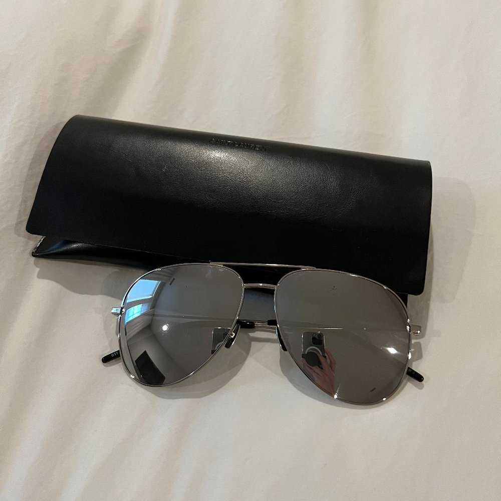 SAINT LAURENT CLASSIC SL11 AVIATOR SUNGLASSES WITH IRON BRIDGE - OXIDIZED SILVER